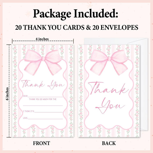 Zyoge 20 20 -04 Pink Bow Thank You Cards Fill in the Blank with Envelopes for Kids, Pink Flower Thank You Notes