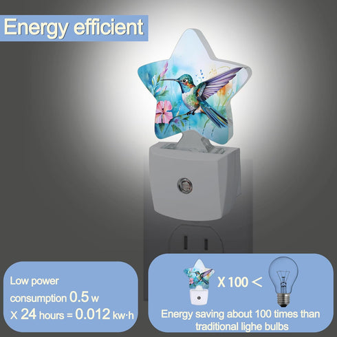 Light,Hummingbird Watercolor Bird Dusk to Dawn Star Night Flower Smart Sensor Nightlight for Bedroom Kitchen Hallway