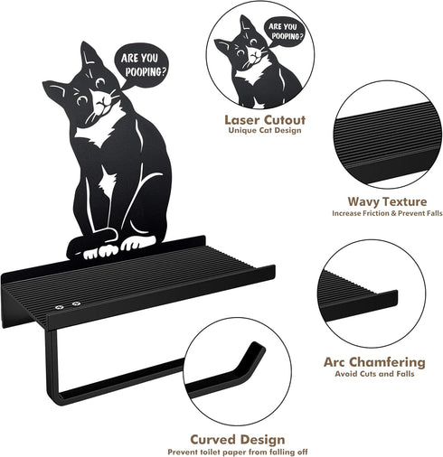 Vausart Black Cat Toilet Paper Holder with Shelf & are You Pooping Sign Farmhouse Bathroom Decor, Cute Cat Design