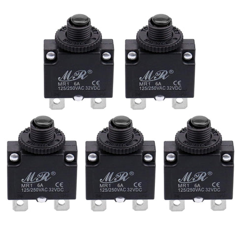 6 Amps Thermal Circuit Breakers 125/250V AC 32V DC Push Button Manual Reset Overload Protector Switch 5 Pack