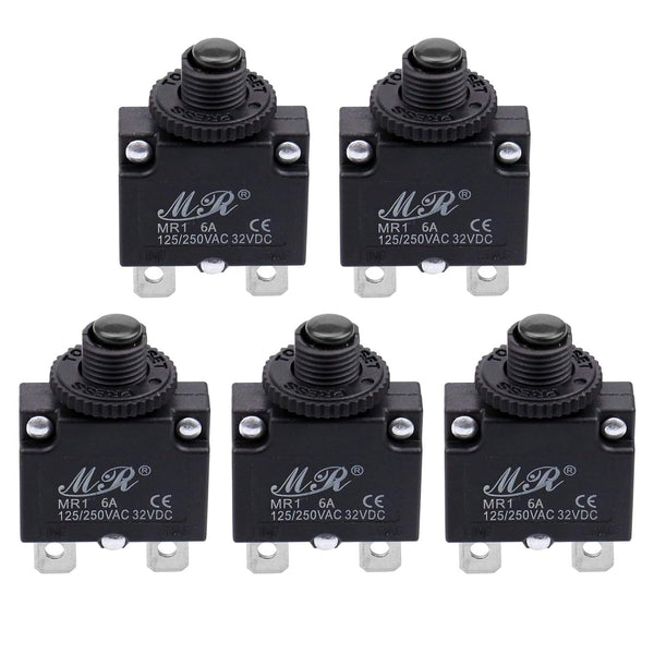 6 Amps Thermal Circuit Breakers 125/250V AC 32V DC Push Button Manual Reset Overload Protector Switch 5 Pack