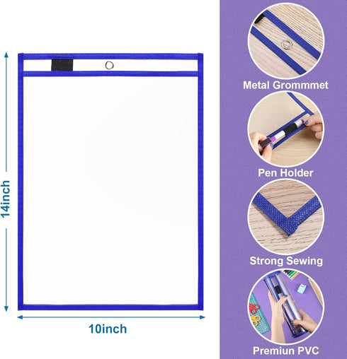 Nezyo 50 Pieces Dry Erase Pockets, Reusable Plastic Sleeves, Clear Sleeves for Teacher Supplies (Blue)