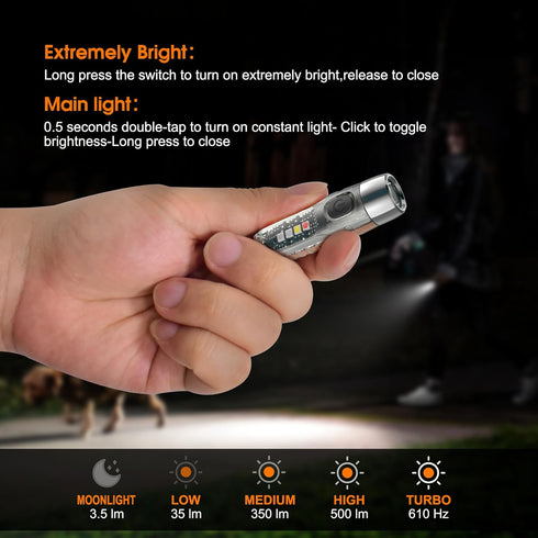 S12Plus Keychain Flashlight, 610 High Lumen Mini LED Flashlight, USB C Rechargeable Small EDC for Camping, Backpacking