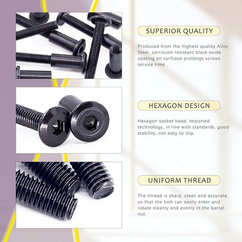 Swpeet 25Pcs M6x50mm Carbon Steel Black Hex Drive Socket Cap Bolts - Assortment Kit with Allen Wrench for Furniture