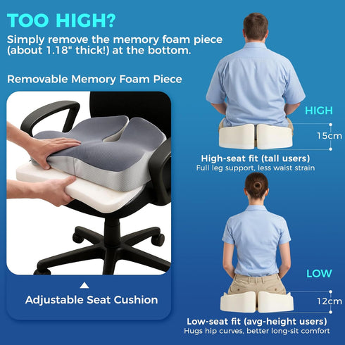Tailbone Seat Cushion for Office Chair with Adjustable Loft, Thick Memory Foam Chair Cushion for Back & Sciatica Coccyx