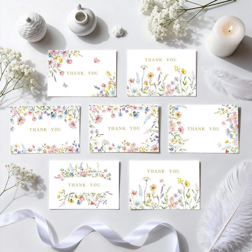 KOPOOEOE 100 Sets Wildflower Thank You Cards with Kraft Envelopes Sticker Watercolor Floral Blank Greeting Cards