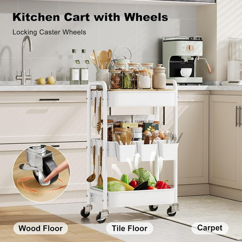 Rcemlip 3 Tier Rolling Cart with Wood Table Top, White Bedside Cart on Lockable Wheels, Metal Utility Storage Organizer