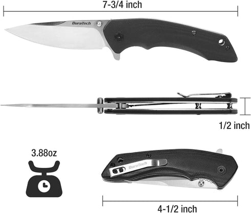 DURATECH Folding Pocket Knife, 3-1/4" Satin 8CR13MOV Blade, Black G10 Handle for EDC