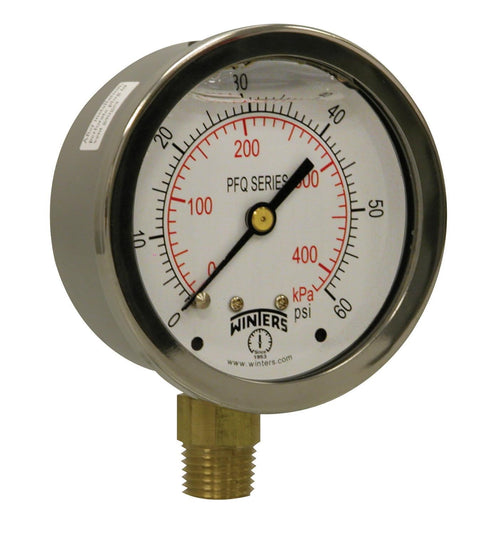 Winters 2-1/2" Dial Size Liquid Filled Industrial Pressure Gauge, Brass Internals, 304 Stainless Steel Case, 0-60