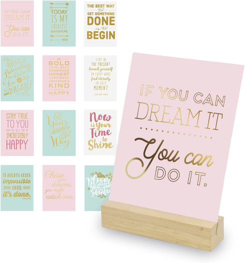 Eccolo Inspirational Cards Set with Wooden Display Stand - 12 Boxed Daily Words Encouragement Cards for Self-Love and