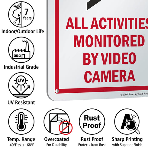 SmartSign Metal Sign 10 x 7 inch “Notice - All Activities Monitored By Video Camera”, Rustproof Aluminum, Red, Black,