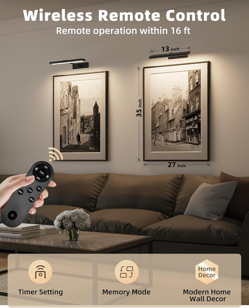 16'' 4800mAh Dimmable 3 Room(2P) EZVALO Picture Light for Wall, Black Rechargeable Battery Lights Wireless Remote
