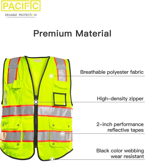 PACIFIC 10 Pockets Safety Vest for Men, ANSI Class 2, Yellow with 3M High Visibility Reflective Strips