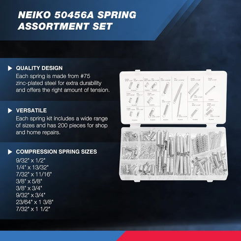 Spring Assortment Set, NEIKO 50456A, 200 Piece, Zinc Plated Steel Mechanical Compression Springs