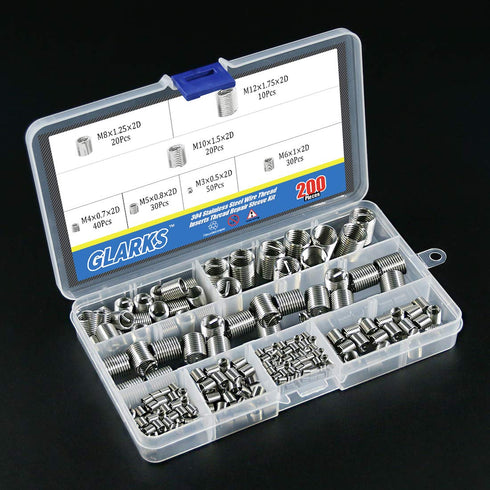 Glarks 200Pcs Assortment Kit, Wire Inserts Screws Sleeve, 304 Stainless Steel Metric M3 M4 M5 M6 M8 M10 M12 for