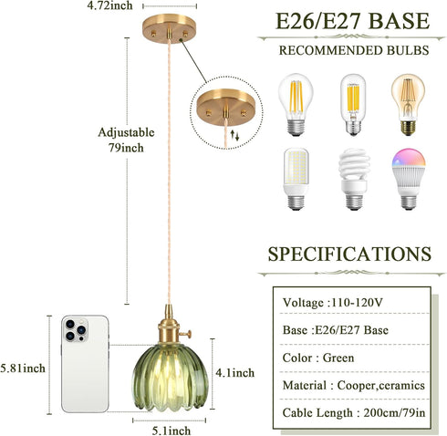 5.1Inch E26 Pendant Light Fixtures,Mini Hanging Lights Green Glass Vintage Pendant Light Hanging Light Adjustable