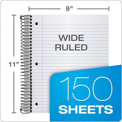 Oxford 3 Pack Spiral Notebook, 3 Subject, Wide Rule, 150 Sheets, Durable Plastic Covers, Red, Green, Blue (89804)