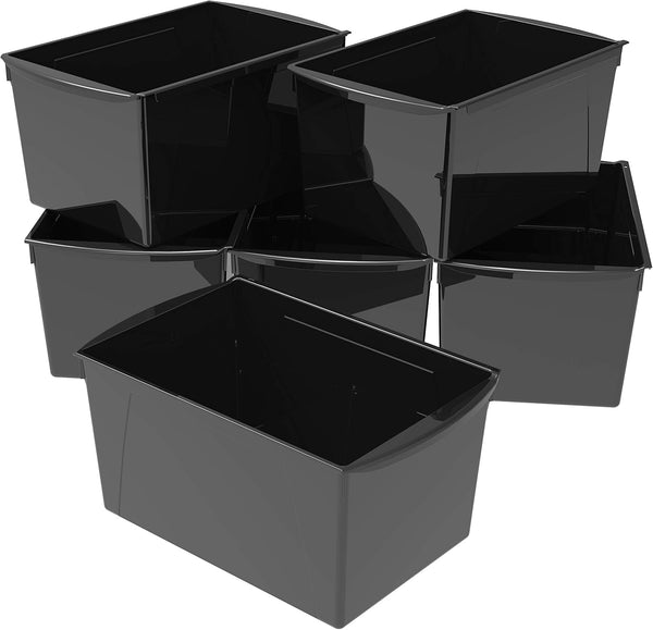 Storex Extra-Large Book Bin, Interlocking Plastic Organizer for Home, Office, Classroom, Black, 6-Pack