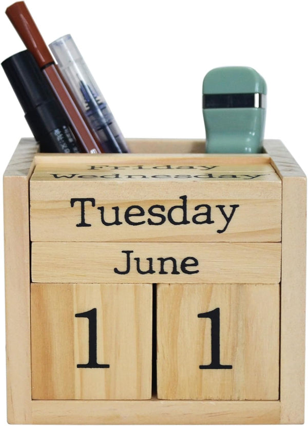 Wooden Blocks Perpetual Calendar with Pen Holder, Natural Pine Wood Desk Organizer