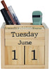 Wooden Blocks Perpetual Calendar with Pen Holder, Natural Pine Wood Desk Organizer