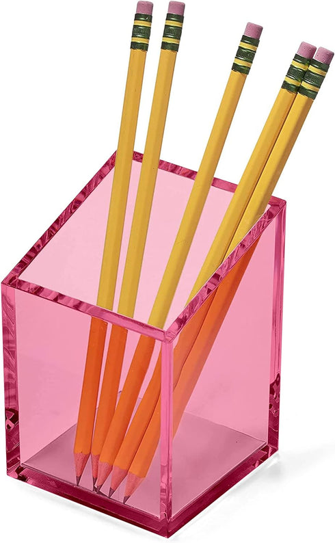 OfficeGoods Pink Acrylic Pen & Pencil Holder - Modern Trapezoid Design Desk Organizer for Home or Office with Metal Base