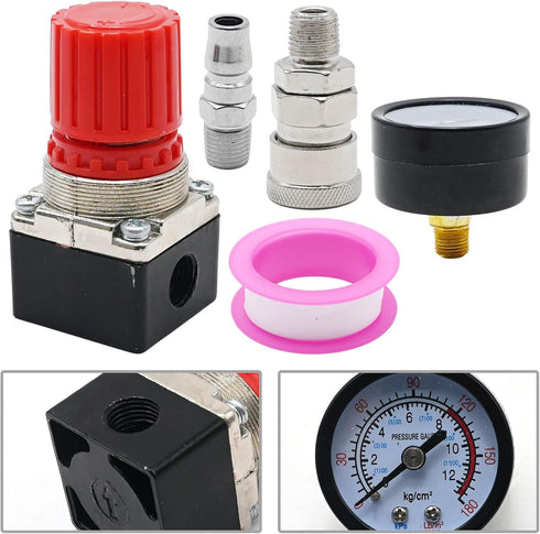 1/4" Air Compressor Pressure Regulator with Gauge 0-180 PSI Inline for Air Compressor and Pneumatic Tools