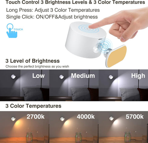 3 360Rotate Koopala LED Wall Sconces, Wall Mounted Lamps with Rechargeable Battery Operated Dim Brightness Removable