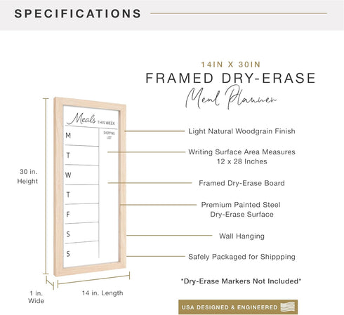 MCS 14x30 Dry Erase Weekly Meal Planner Whiteboard with Natural Frame for Wall, Family Planner & Shopping List