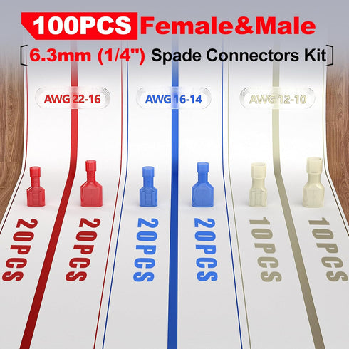 AIRIC Spade Connector Kit, 100 Pcs Male and Female 22-10 Gauge Nylon Electrical Crimps for Auto Speaker Wiring