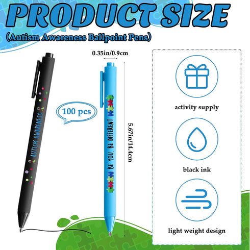 Jetec 100 Pcs Autism Awareness Pens Bulk, Inspirational Retractable Ballpoint Pens for Mental Health Classroom Office