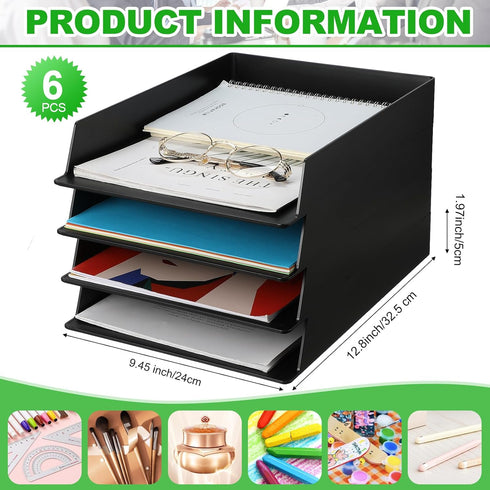 Wenqik 6 Pcs Stackable Paper Trays, Rectangular Plastic Desk Tray Holder for Document Organizer in Black