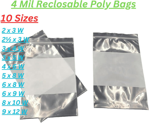 Reclosable Zip Poly Bags White Block - 3 x 5 W (100 Bags) 4 Mil Clear Plastic with Resealable Lock Seal