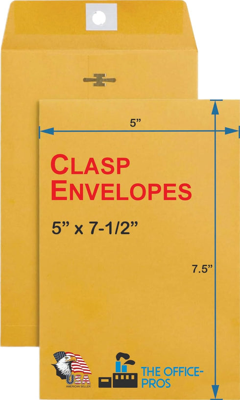 Clasp Envelopes, 5" x 7.5" Gummed Flap with Metal Clasp Closure, 28Lb Brown Craft Envelopes - 5 Envelopes Per Pack