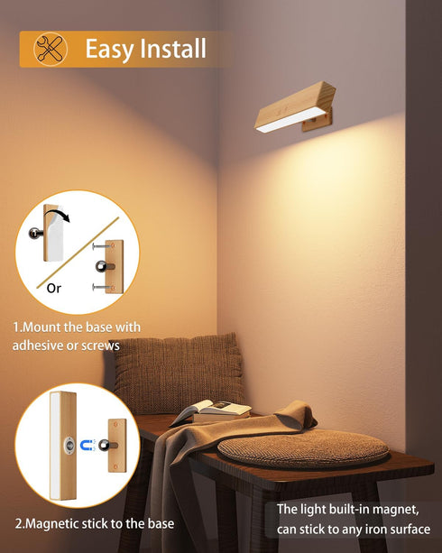 5200mAh 3 Dimmable Rechargeable Wood Wall Lights with Remote & Touch, Battery Operated Wall Sconce Color Temperatures
