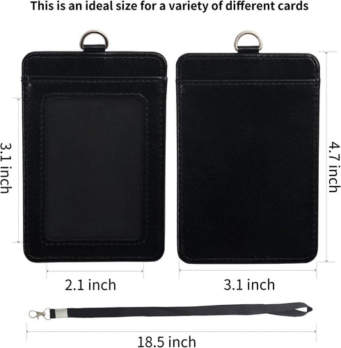 Badge Holder with Detachable Lanyard, Vertical PU Leather ID Holder with Clear ID Window & Card Slot (Black)
