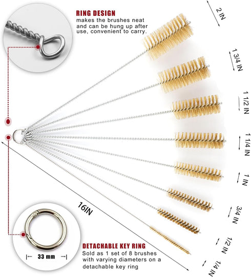 16 Inch Extra Long Pipe Cleaning Brush Set with Brass Bristles, 8 Piece Variety Pack for Auto Parts, Bottles, Guns,