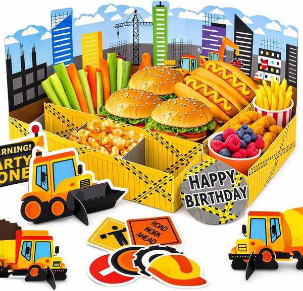 HonuGoGo Construction Snack Tray Centerpiece Kit 13 Pieces Paper Food Display Set