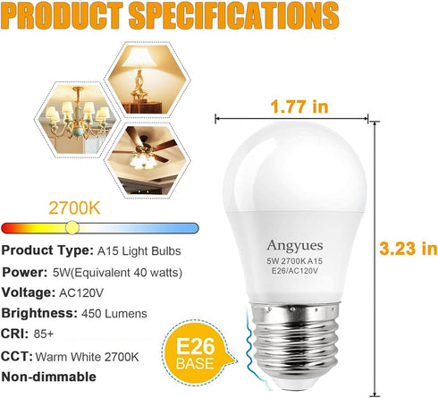 LED Bulb 120V, 40W Equivalent, A15 Warm White 2700K Energy Saving Bulb, E26 Medium Screw Base, 4 Pack