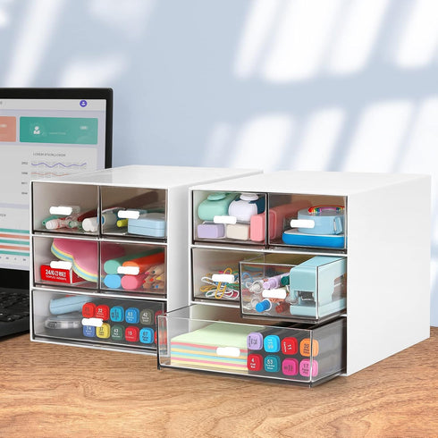 Desk Organizer with 5 Drawers, Rectangular Office Stationery Supplies Desktop Drawers, Plastic Makeup Storage, Suitable for Office, School, Home (White & 5 Drawers) by LETURE