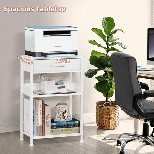 Lerliuo White Printer Stand with Fabric Drawer, 3 Tier Industrial Side Table, Modern Small Desk Holder