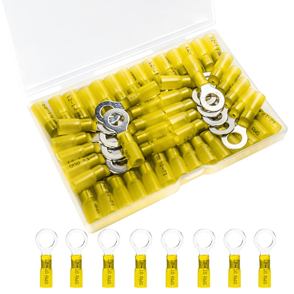 50 PCS Heat Shrink Wire Connectors, 12-10 AWG Ring Terminals Waterproof, 3/8" Stud(M10) Wire Terminals for Marine