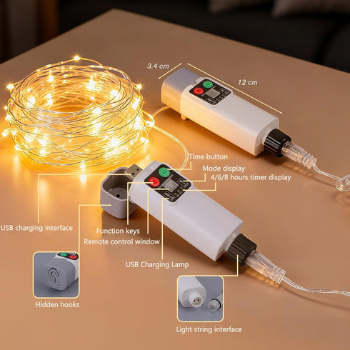 Wentwos 33FT 100 IP65 8 LED Rechargeable String Lights, USB Charging, Waterproof Outdoor Camping Lights, Modes Fairy