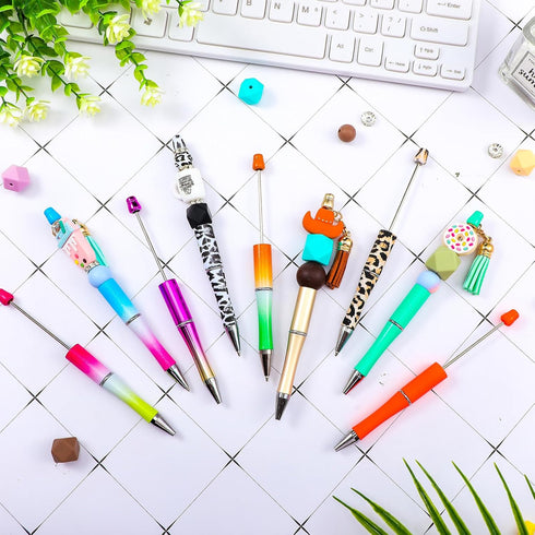 Qilery 100 Pcs Plastic Beadable Pens Kit - 55 Kinds Shell Colors, Black Ink Cool Bead Ballpoint Pens for DIY Gifts