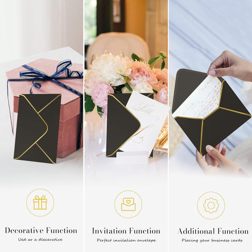 Black 5x7 Envelopes 50 Pcs, Goefun A7 V-Flap Envelopes with Gold Border for Baby Shower, Graduation, Announcements