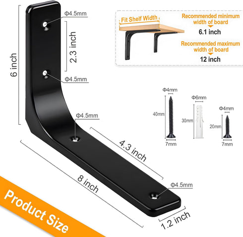 8 6 Inch 4 Black Wall Shelf Brackets, x Iron Metal Shelf Brackets L Shaped Corner Support Brackets for DIY Floating
