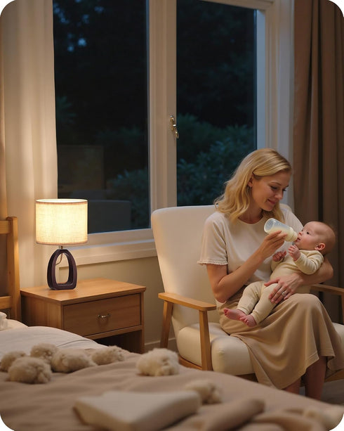 14.2" E26 Bulb STE07TL05 Small Table Lamp, Cute Little Desk Lamp, Wood Bedside Lamp with Beige Linen Lampshade & Dark