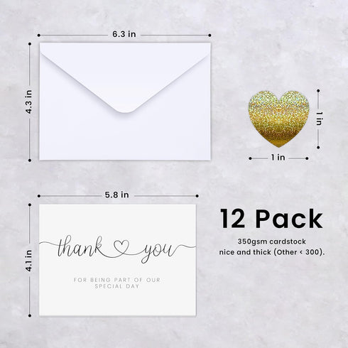 LUXAVELLA 12 PACK Thank You Cards Wedding with Envelopes& Stickers, Wedding Vendor Thank You Card.