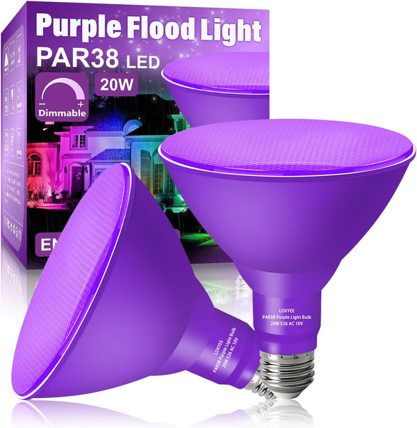 PAR38 Purple Flood Light Bulb, 2 Pack - Dimmable E26 Base, 20W Replace to 200W, Outdoor Christmas Decor