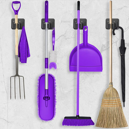 YUWANTING 4 4 Stainless Steel Broom Holder, Heavy Duty, Rust Resistant, Gripper Positions with Hooks, Black