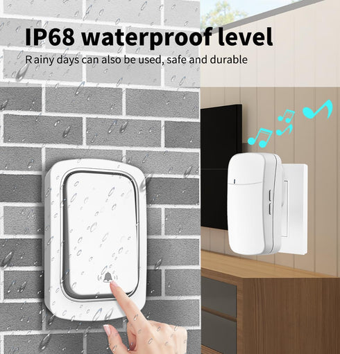 Wireless Doorbell Kit, 150M Range, 38 Melodies, IP44 Waterproof, Mute Mode, CD Quality Sound, LED Flash, White